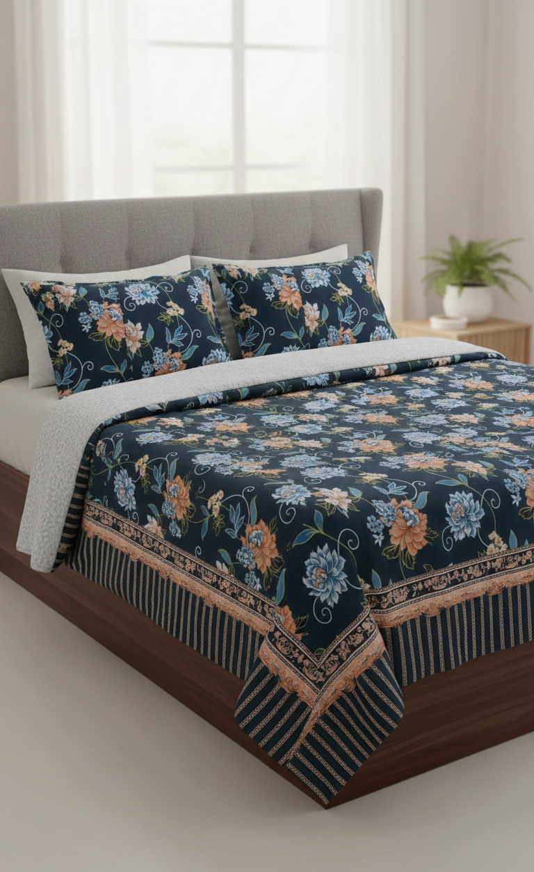 Navy Blue Crystal Fabric Bed Sheet