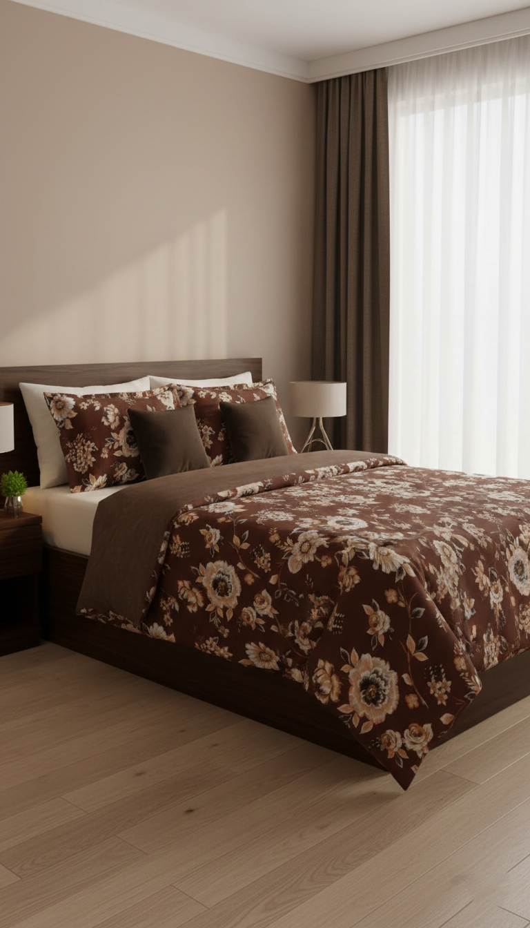Elegant Brown Bed Sheet with Light Brown Floral Print – Premium Home Linen