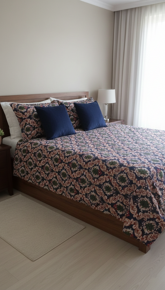 Classic Navy Blue Printed Bed Sheet – Premium Home Linen for Elegant Bedrooms