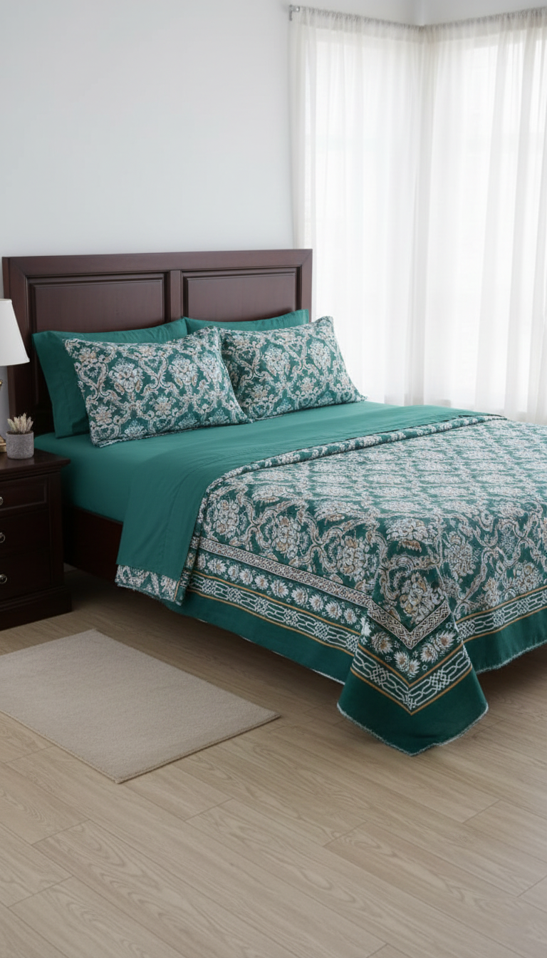 Elegant Bottle Green Printed Bed Sheet – Premium Home Linen for Stylish Bedrooms