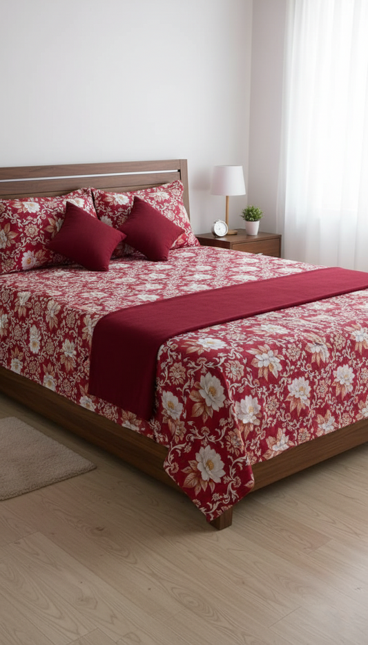 Elegant Maroon Floral Printed Bed Sheet – Premium Home Linen for Stylish Bedrooms